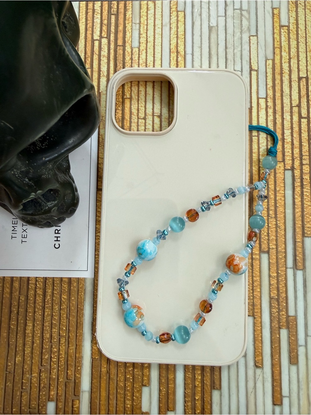 Handmade Beaded Phone Charm - Aqua & Amber